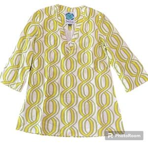 Lesley Evers Linen Rayon Geometric Print Tunic Top Size Small
